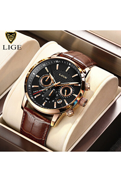 Choice3 LIGE gold black LIGE Fashion Brown Leather Watch For Men Casual Busin...