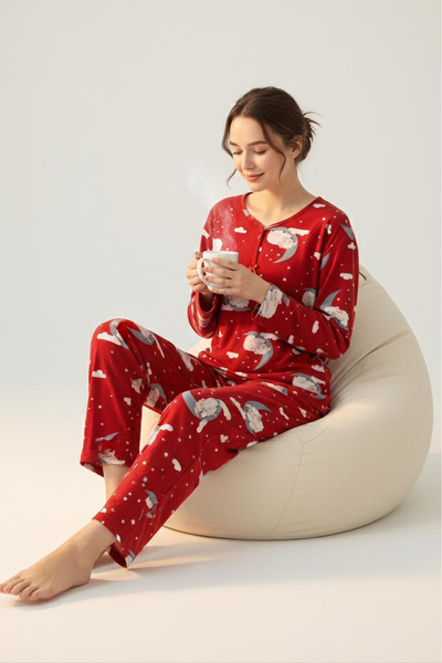 TOFİSA Bowknot Patterned Suede Pajama Set - 28160-Red