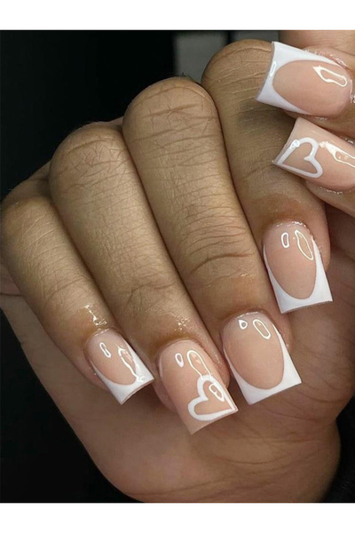Choice1 WHITE 24pcs Short Square Love Design Press On Nails with Black French...