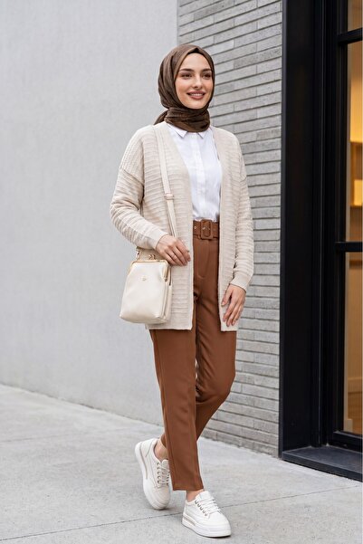 Modamorfo Pompom Detailed Thin Knitwear Cardigan - Stone Color