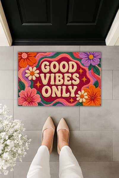 Dormot Home Good Vibes Only Retro Çiçek Desenli Kapı Önü Paspası 70x45 cm Dijital Baskılı Kaymaz Taban