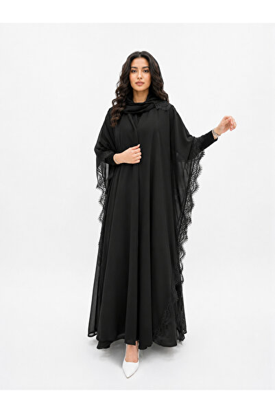 YOU ABAYA عباية سيلا قصه بشت كم استرتش طبقه شيفون مع دنتيل اسود بقماش نواعم ل...