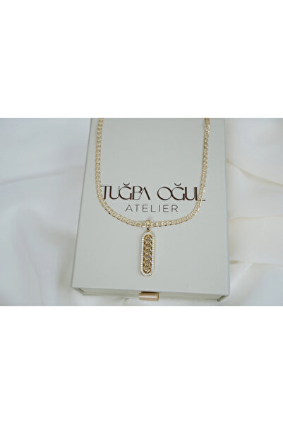 ATELİER TUĞBA Kol516 Zircon Stone Framed Gourmet Detail Long Medallion Gold N...