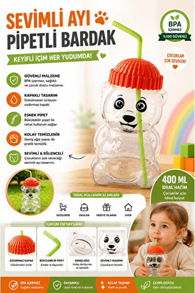 AYGÖREN HOME Bearista 450 ML Plastik Ayıcık Figürlü Pipetli Soğuk İçecek ve K...