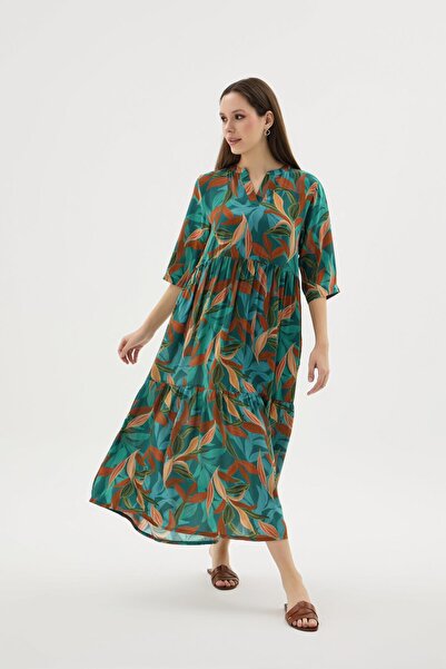 GİZZEY Women's Capri Sleeve High Neck Tropical Patterned Green Long Dress C2T...