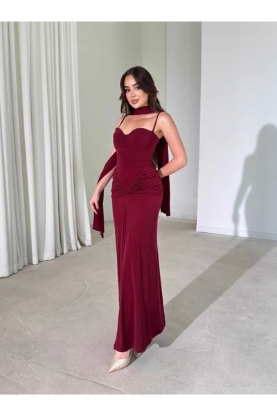 Dilek Vardar Rochie de damă bordeaux, lungă, cu decolteu în formă de inimă și...