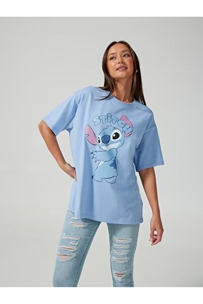 ZAVIXO Kadın Oversize Stitch Baskılı Tişört %100 Pamuk Rahat Kalıp Sevimli Ta...