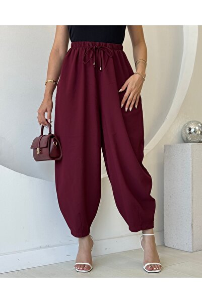 FEHUBLOOM Kadın Bordo Beli Lastikli Havuç Model Rahat Kalıp Pantolon