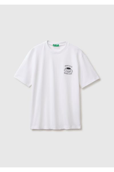 United Colors of Benetton تيشيرت رجالي أبيض 100% قطن بطبعة رسومات بقصة عادية ...