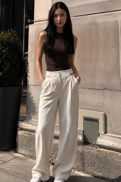 DI LORIA Women's Off-White Side Window Detailed Wide Leg High Waist Palazzo T...