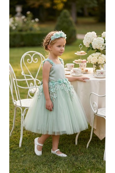 modabesta Green Lace Floral Fluffy Girl Evening Dress