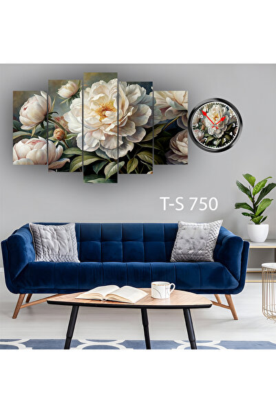 BellaaaModa ÇİÇEK TEMALI Dekoratif Desenli Mdf Tablo 5 Parça Set ve Saatli Ta...