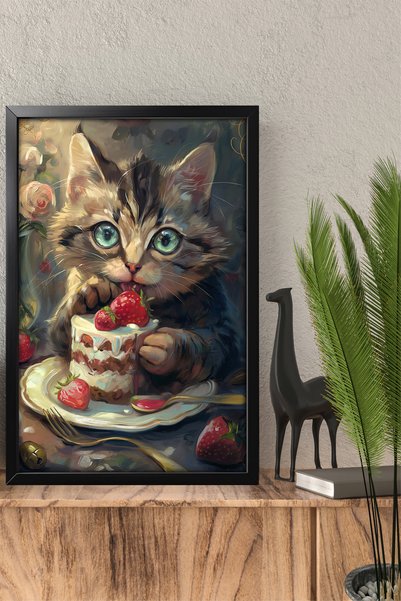 Erfa Concept Siyah Ahşap Çerçeve Görünümlü Mdf Tablo Çilekli Pasta Yiyen Kedi...