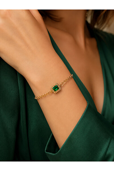 Miore takı Emerald Green Stone Detailed Gold Color Chain Bracelet