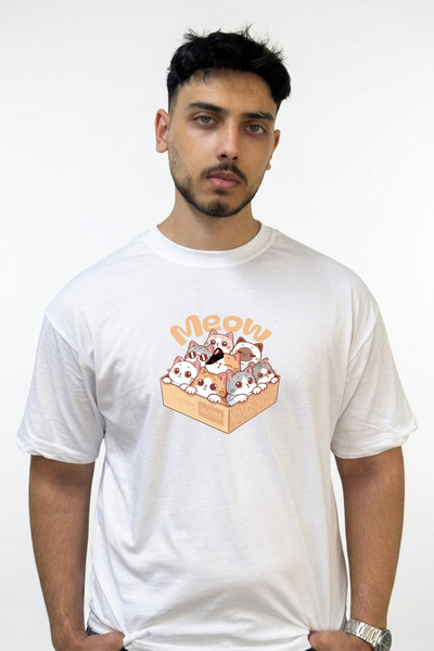 Anetos Cute Kittens in a Box Design Printed Oversize White T-Shirt