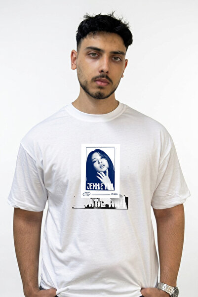 Anetos Jennie Kim_5 Design Printed Oversize White T-Shirt