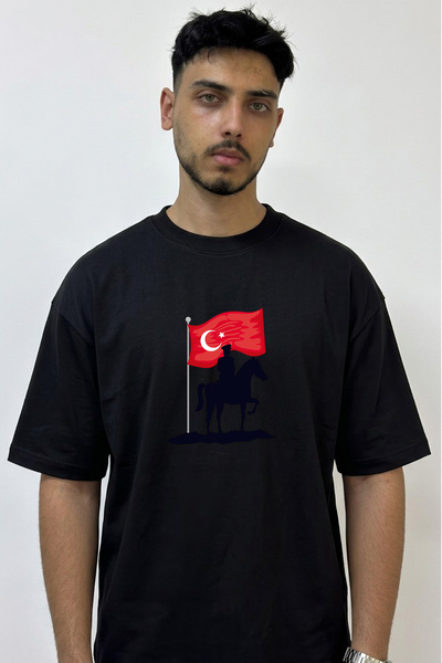 Anetos Ataturk Flag Design Printed Oversize Black T-Shirt