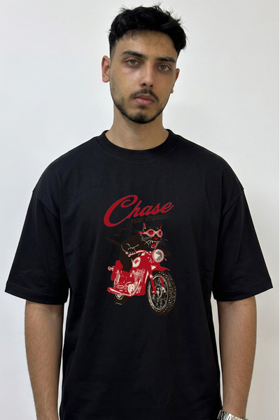 Anetos Biker Cat Design Printed Oversize Black T-Shirt