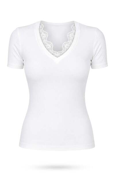 5in1Canpolat Tricou ecru cu detaliu din dantelă la guler 17381