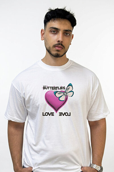 Anetos Heart Butterfly Design Printed Oversize White T-Shirt