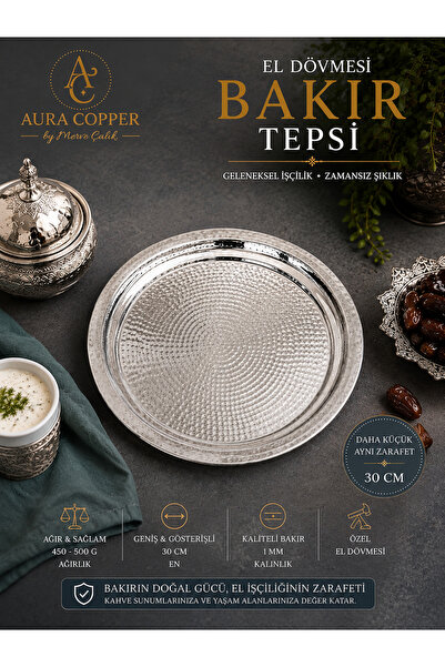AURA COPPER El Dövmesi Bakır Sunum Tepsisi – 30 cm Gümüş Ton Dekoratif ve Ser...