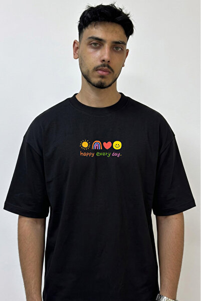 Anetos Rainbow Smiley Sun Design Printed Oversize Black T-Shirt