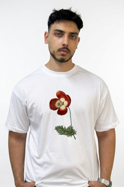 Anetos Red Poppy Illustration Design Printed Oversize White T-Shirt