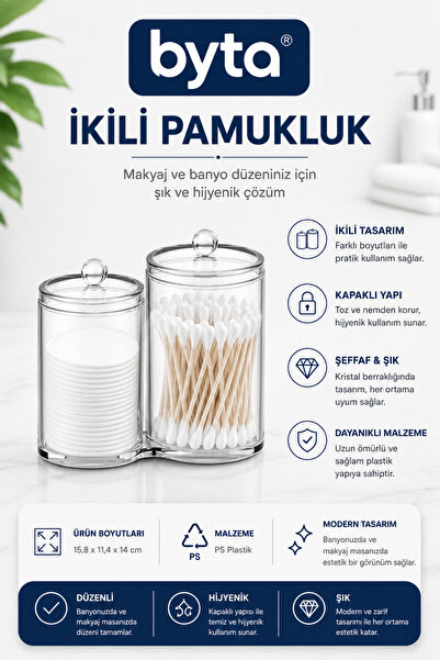 BYTA Crystal Double Cotton Swab and Earpick Organizer with Lid Transparent Ba...