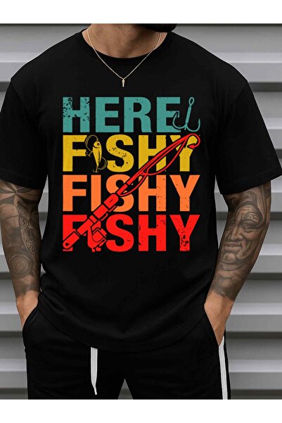 1001 Line Men's Funny Here Fishy Fishing T-Shirt - 100% Cotton 180gsm Casual ...