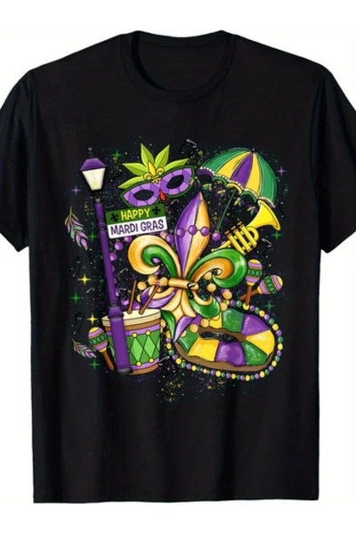 NOURAM Men's Mardi Gras T-Shirt Vibrant New Orleans Carnival Graphic with Fle...