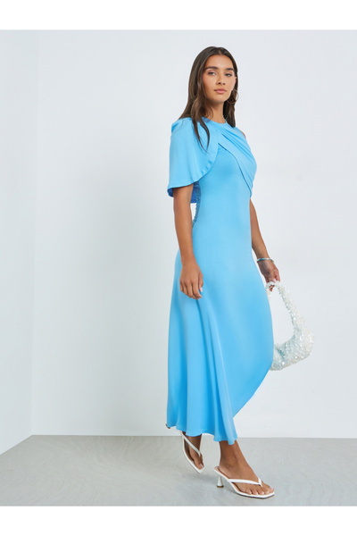 Styli Blue Irregular Shawl Sleeve A-Line Maxi Dress