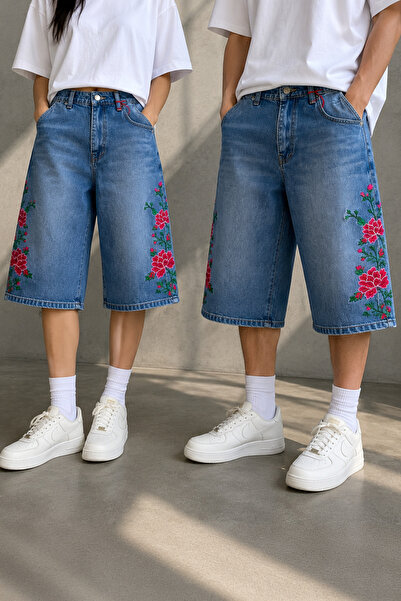 GRİİ WEAR Unisex Floral Embroidered Denim Capri