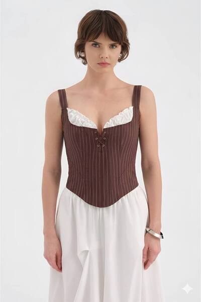 tw3 Women's Striped Fabric Back-Tie Design Blouse Corset