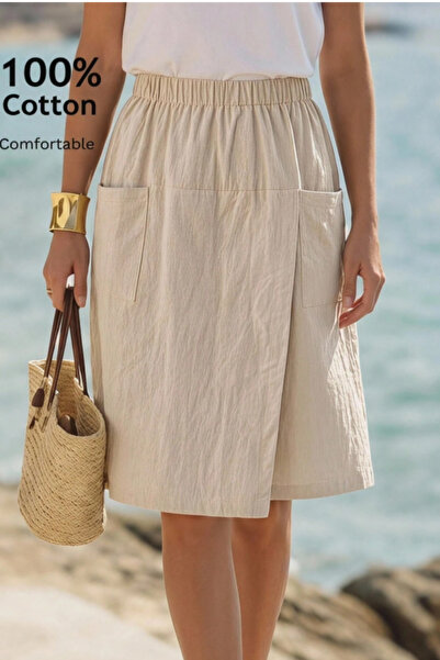 BLUE STREET Women's 100% Linen High Waist Elastic Bermuda Shorts with Pockets...