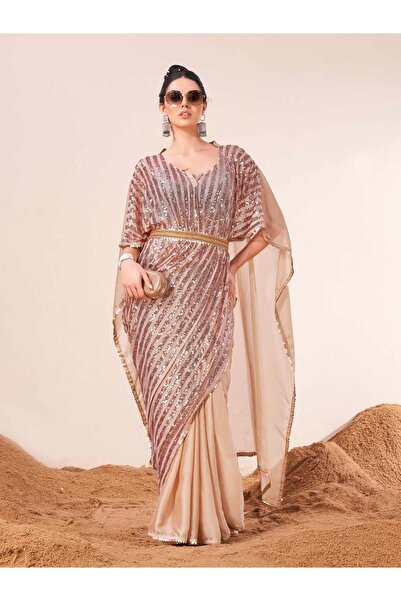 PRASHA Beige colored designer kaaftan saree with embellished belt
