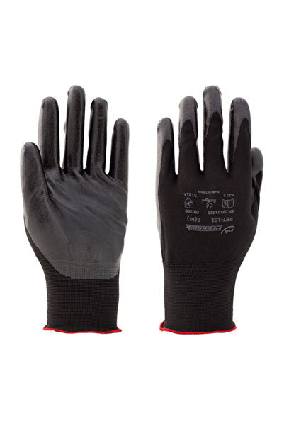 12 Çift - PRT-101 Polyester Nitril İş Eldiveni - Avuç İçi Siyah Nitril Kaplama, Polyester Astarlı, EN388