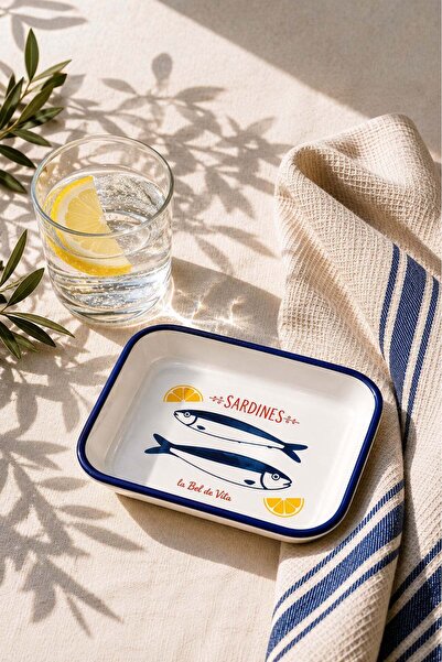 Barine Sardines Sardalya Desenli Emaye Çerezlik, Meze Tabağı 16x11x3,5 cm