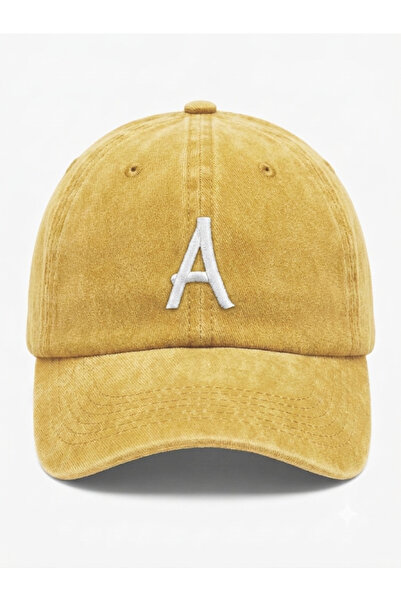 ŞapkaMania Letter a Yellow Embroidered Washable Vintage Unisex Hat