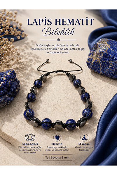 OSMANLI DOĞAL TAŞ Sertifikalı Lapis Hematit Bileklik ( 8 MM Makrome Kapama )