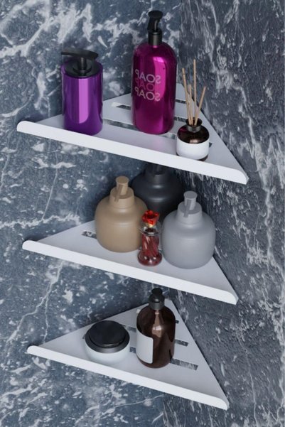 Güneş Krom Dekorasyon Gkd Decorative 3-Piece White Corner Bathroom Organizer, Shampoo Holder, Kitchen and Shelf Organizer