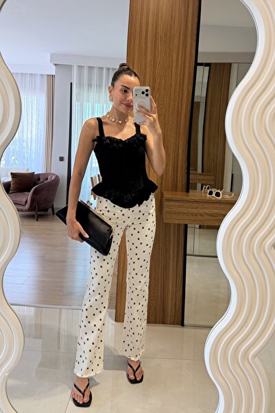 Gizem Ecemiş Samara Flare Puantiye Desenli Ekru Jean
