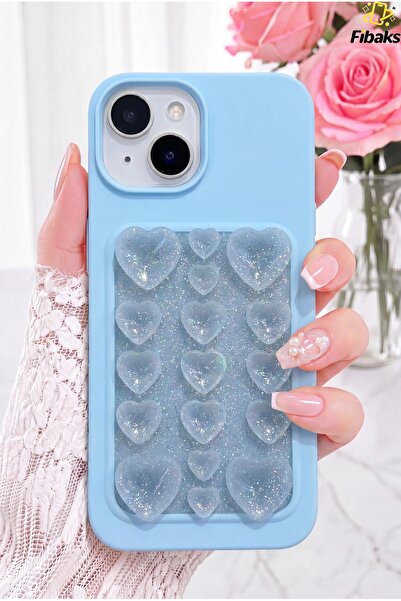 Fibaks iPhone 13/14/15 Kılıf Kendinden Simli Vakumlu Kalp Desenli Soft Siliko...