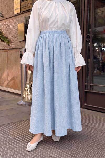 LOCCO Women's Lined Elastic Waist Self-Patterned Seersucker Skirt Light Blue