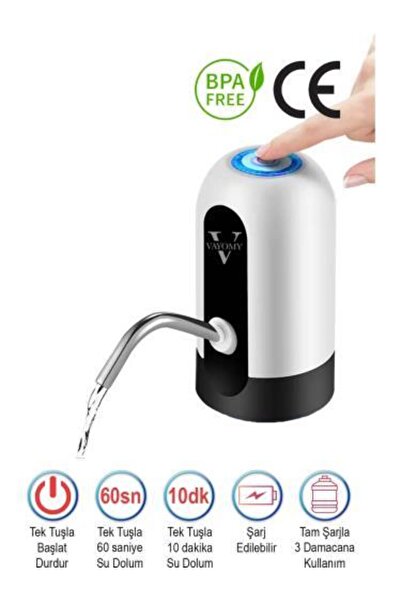 Vayomy Şarjlı Otomatik Damacana Su Pompası 1200 Mah Bataryalı Beyaz