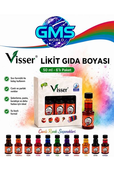 Visser 50 ML LİKİT GIDA BOYASI 6 LI SET / 10 FARKLI RENK SEÇENEĞİ