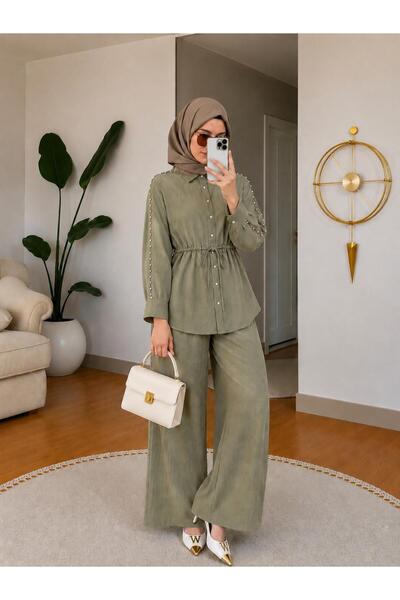 HİRA LİFE FASHİON Women's Stone Detailed Sleeveless Loose Linen Shirt and Wai...