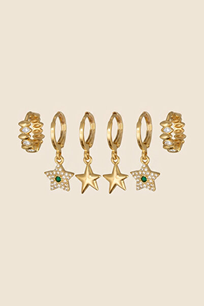 Hetra Gold Color Steel Green Stone Star Figured Dangle Earrings Set of 6
