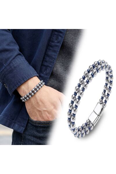 OGHAMAY Double Silver and Blue Color Hematite Steel Bracelet 18392B20D3