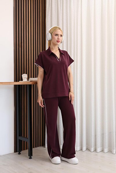Mersella Aveline Polo Collar Women's Set Short Sleeve Relaxed Fit Wide Leg Bo...