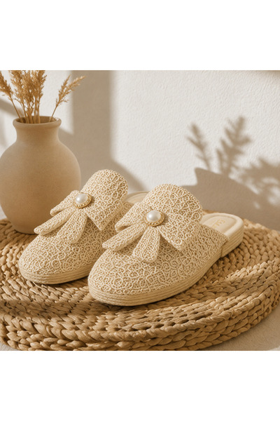 ÇAKIR Women's Orthopedic Sole Knitwear Bowknot Home Dowry Gift Outdoor Slippers